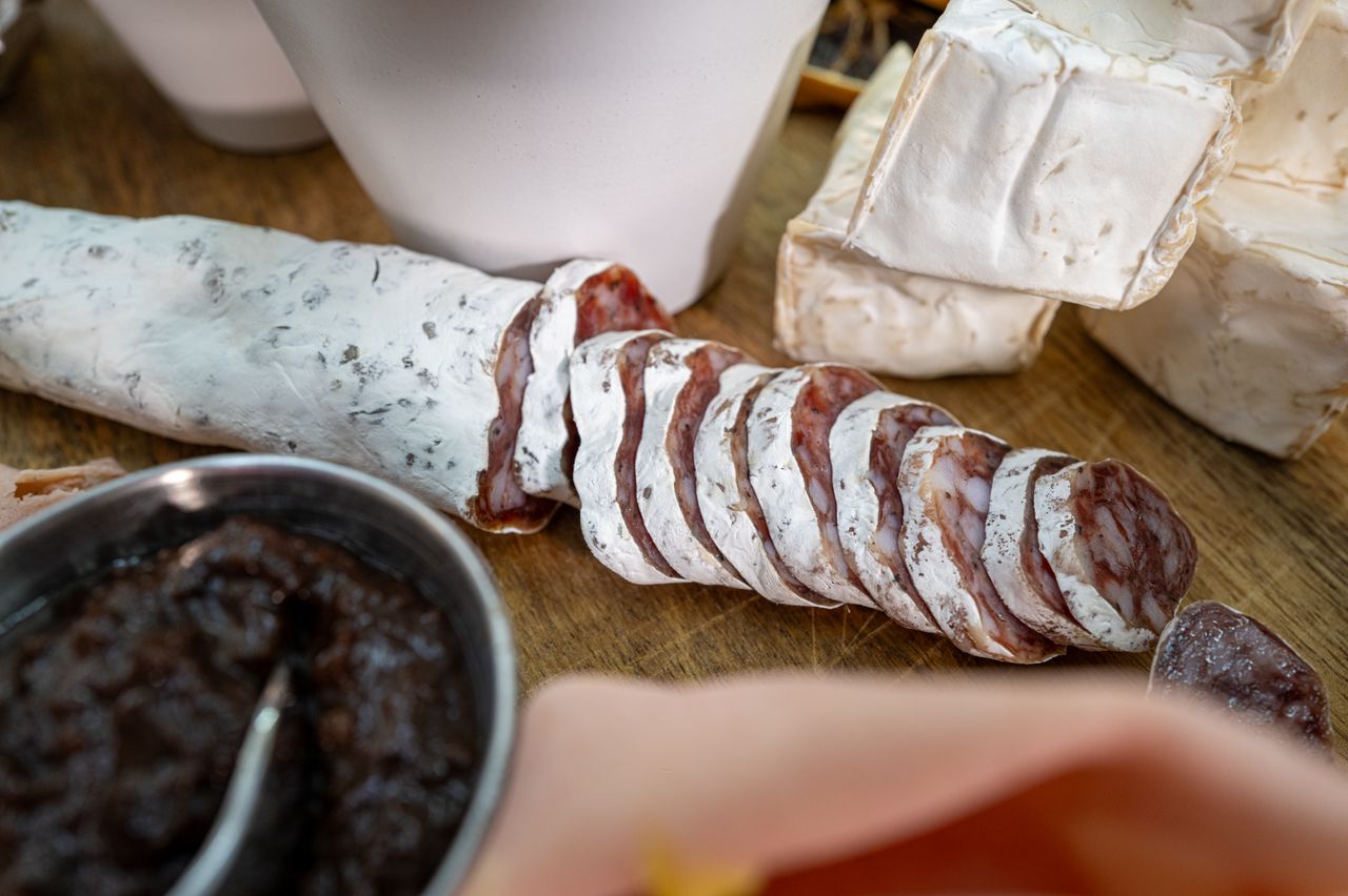 Slices of gourmet salami with cheese on a cutting board, perfect for food photography.